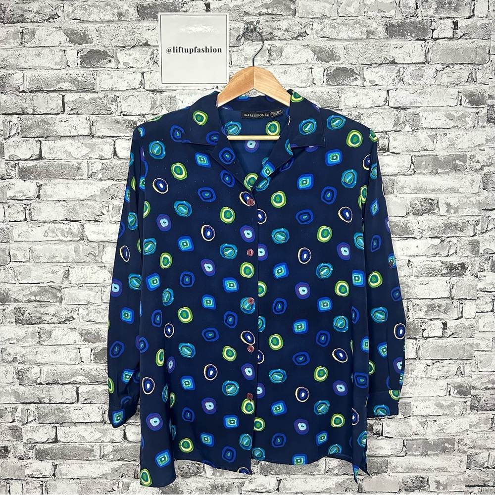 EUC Impressions Blue and Green Patterned Button Down Shirt Size 1X (RN 63959)